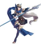  1girl armor breastplate dress elbow_gloves feather_trim fingerless_gloves fire_emblem fire_emblem_heroes full_body gloves helmet highres holding holding_weapon long_hair official_art one_leg_raised open_mouth pauldrons polearm scarf short_dress shoulder_armor solo spear thigh-highs transparent_background very_long_hair weapon zettai_ryouiki 