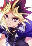  1boy absurdres black_shirt blonde_hair blue_jacket chains choker closed_mouth highres jacket jacket_on_shoulders looking_at_viewer male_focus maruchi multicolored_hair purple_hair shirt simple_background smile solo spiky_hair violet_eyes white_background yami_yuugi yu-gi-oh! 