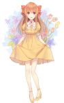  1girl blue_flower bow brown_hair butterfly dress eyebrows_visible_through_hair full_body gekkan_shoujo_nozaki-kun hair_bow high_heels highres long_hair looking_at_viewer mongarit open_mouth orange_flower polka_dot polka_dot_bow purple_flower red_bow sakura_chiyo shoes short_dress simple_background sketch skirt_hold solo violet_eyes white_background yellow_dress yellow_shoes 