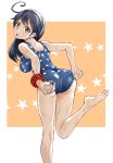  1girl adjusting_clothes adjusting_swimsuit ahoge akito_(pixiv3623507) ass barefoot black_hair breasts brown_eyes casual_one-piece_swimsuit cowboy_shot from_behind highres kantai_collection large_breasts leaning_forward long_hair one-piece_swimsuit polka_dot polka_dot_swimsuit scrunchie solo standing standing_on_one_leg swimsuit ushio_(kantai_collection) wrist_scrunchie 