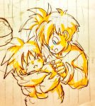  2boys baby blanket blue_eyes brothers closed_eyes eyebrows_visible_through_hair happy looking_at_another male_focus monochrome multiple_boys notebook open_mouth siblings sleeping smile son_gohan son_goten spiky_hair tkgsize traditional_media yellow 