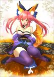  1girl animal_ears bare_shoulders between_legs bow crystal_shoujo fang fate/extra fate_(series) fox_ears fox_tail hair_bow hand_between_legs highres platform_footwear sitting solo tail tamamo_(fate)_(all) tamamo_no_mae_(fate) thigh-highs twintails 