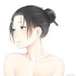  1girl bare_shoulders black_hair blush brown_eyes collarbone dated drawrepulser embarrassed face hair_bun highres lips looking_to_the_side neck original parted_lips pink_lips simple_background solo stylus upper_body watermark web_address white_background 