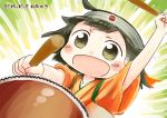  &gt;:d 1girl :d artist_name brown_eyes brown_hair chibi commentary dated drum drumsticks hachimaki headband hinata_yuu hiryuu_(kantai_collection) instrument japanese_clothes kantai_collection one_side_up open_mouth remodel_(kantai_collection) short_hair smile solo 