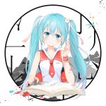  1girl artist_name blue_eyes blue_hair blush closed_mouth eyebrows_visible_through_hair hair_ornament hair_ribbon hatsune_miku highres loll long_hair looking_at_viewer necktie red_necktie ribbon smile solo twintails upper_body vocaloid white_ribbon 