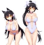  2girls absurdres animal_ears arm_behind_back asamura_hiori atago_(azur_lane) azur_lane bangs bikini black_hair blush bow breasts brown_eyes choker cleavage closed_mouth collarbone cowboy_shot criss-cross_halter eyebrows_visible_through_hair flower fox_ears frown gluteal_fold hair_bow hair_flaps hair_flower hair_ornament halterneck highres large_breasts leaning_forward long_hair looking_at_viewer multiple_girls navel one-piece_swimsuit ponytail see-through sidelocks simple_background smile standing swimsuit takao_(azur_lane) thigh_gap thighs tsurime very_long_hair white_background white_bikini white_bow white_flower white_swimsuit yellow_eyes 