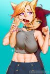  2girls abs ahoge animal_ears bare_shoulders blonde_hair breasts choker clenched_hand collarbone erica_june_lahaie eyelashes fangs from_behind green_eyes large_breasts mouth_pull multiple_girls nail_polish navel open_mouth original patreon_username purple_hair short_hair tongue tongue_out violet_eyes wrist_grab 