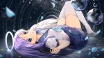  1girl blue_eyes blue_skirt blush bubble halo jacknavy long_hair looking_at_viewer lying on_back original parted_lips puffy_short_sleeves puffy_sleeves purple_hair short_sleeves skirt sky solo star_(sky) starry_sky thigh-highs white_legwear 