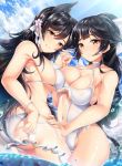  2girls ass atago_(azur_lane) azur_lane bangs bare_arms bare_shoulders bikini black_hair blue_sky breasts brown_eyes cleavage closed_mouth clouds day garana hair_ribbon hand_holding interlocked_fingers large_breasts long_hair looking_at_viewer multiple_girls navel outdoors parted_lips ribbon see-through shiny shiny_hair sideboob sky smile sparkle sunlight swimsuit takao_(azur_lane) wading water white_bikini white_ribbon white_swimsuit 