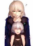  2girls ^_^ ahoge assassin_of_black bangs bare_arms bare_shoulders black_jacket breasts cleavage_cutout closed_eyes fate/grand_order fate_(series) fur_trim green_eyes height_difference jacket jeanne_alter long_sleeves looking_at_viewer multiple_girls musical_note parted_lips ruler_(fate/apocrypha) saisarisu silver_hair small_breasts smile squiggle tattoo upper_body 