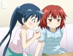  2girls bangs bare_shoulders blue_eyes blue_hair blue_shirt blush breasts brown_eyes closed_mouth collarbone commentary_request couch cup drinking_glass green_skirt holding indoors inokuma_youko jitome kin-iro_mosaic komichi_aya looking_at_another looking_away medium_breasts multiple_girls pink_shirt redhead shippo_(shishizaru) shirt skirt sleeveless sleeveless_shirt small_breasts striped striped_shirt table tied_shirt twintails upper_body 