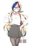  1girl absurdres backpack bag black-framed_eyewear blonde_hair blue_eyes blue_hair closed_mouth collarbone commandant_teste_(kantai_collection) dress earrings glasses grey_skirt hair_ribbon highres jewelry kantai_collection long_hair looking_at_viewer morinaga_(harumori) multicolored_hair nail_polish pantyhose red_nails redhead revision ribbon ring shirt_tucked_in simple_background skirt smile solo standing sweatshirt very_long_hair white_background 