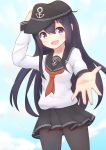  1girl :d akatsuki_(kantai_collection) anchor_symbol bangs black_hat black_legwear black_skirt centi_mnkt clouds cloudy_sky commentary_request cowboy_shot dutch_angle eyebrows_visible_through_hair flat_cap hair_between_eyes hand_on_headwear hat kantai_collection long_sleeves looking_at_viewer neckerchief open_mouth pantyhose pleated_skirt purple_hair red_neckerchief school_uniform serafuku shirt skirt sky smile solo standing violet_eyes white_shirt 