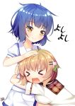  &gt;_&lt; 2girls artist_name bangs blue_hair blush breast_press breasts brown_hair closed_mouth commentary_request eyebrows_visible_through_hair gochuumon_wa_usagi_desu_ka? hair_ornament hairclip hoto_cocoa hoto_cocoa&#039;s_school_uniform hug jouga_maya kafuu_chino&#039;s_school_uniform medium_breasts multiple_girls open_mouth petting plaid_sailor_collar pleated_skirt puffy_short_sleeves puffy_sleeves sailor_collar school_uniform shirt short_hair short_sleeves signature simple_background sitting skirt smile translation_request wavy_mouth white_background white_shirt white_skirt win_opz yellow_eyes 