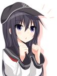  1girl akatsuki_(kantai_collection) anchor_symbol bangs black_hair black_hat blush commentary_request eyebrows_visible_through_hair flat_cap hair_between_eyes hands_up hat kantai_collection long_hair long_sleeves looking_away looking_to_the_side parted_lips school_uniform serafuku shirt simple_background solo violet_eyes white_background white_shirt 