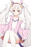  1girl animal_ears azur_lane expressionless eyebrows_visible_through_hair hairband highres jacket laffey_(azur_lane) long_hair looking_at_viewer off_shoulder open_clothes open_jacket pink_jacket rabbit_ears red_eyes shone simple_background solo thigh-highs twintails very_long_hair white_background white_hair white_legwear 