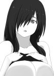  1girl bare_shoulders black_hair breast_press breasts hair_over_one_eye highres large_breasts nao_(ritsancrossover) no_bra open_mouth original shirt_lift solo 