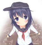  1girl akatsuki_(kantai_collection) anchor_symbol bangs black_hat black_skirt blush child_drawing closed_mouth collarbone commentary_request eyebrows_visible_through_hair flat_cap hair_between_eyes hat head_tilt kantai_collection kushida_you long_hair long_sleeves looking_at_viewer neckerchief outstretched_arms pout purple_hair red_neckerchief school_uniform serafuku shirt skirt solo standing tareme upper_body violet_eyes white_shirt wooden_floor 