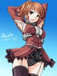  1girl :d aquila_(kantai_collection) armpit_cutout arms_behind_head arms_up black_legwear black_panties blue_background blush breasts brown_eyes character_name cowboy_shot dated dress frills garter_straps gradient gradient_background groin kantai_collection legs_together looking_at_viewer medium_breasts open_mouth orange_hair panties ponytail red_dress short_hair showgirl_skirt side-tie_panties signature smile solo standing swimsuit tareme tatsumi_rei thigh-highs underbust underwear 