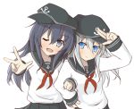  2girls ;d akatsuki_(kantai_collection) anchor_symbol arm_up bangs black_hat black_skirt blue_eyes blush closed_mouth commentary_request eyebrows_visible_through_hair flat_cap grey_eyes hair_between_eyes hat hibiki_(kantai_collection) kantai_collection light_smile locked_arms long_hair long_sleeves multiple_girls nanase-san_(honey_be) neckerchief one_eye_closed open_mouth outstretched_arm pleated_skirt purple_hair red_neckerchief salute school_uniform serafuku shirt sideways_hat silver_hair simple_background skirt smile v white_background white_shirt 