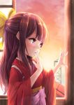  1girl bow finger_to_mouth hair_bow hakama highres japanese_clothes jewelry kamikaze_(kantai_collection) kantai_collection kimono long_hair meiji_schoolgirl_uniform nyafu_(moai_lion) pink_hakama purple_hair red_kimono ring solo sunset tasuki violet_eyes wedding_band window yellow_bow 