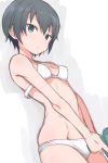  1girl black_hair blue_eyes bra breasts closed_mouth cowboy_shot dutch_angle expressionless itamochi jpeg_artifacts kino kino_no_tabi looking_at_viewer oversized_breast_cup panties short_hair simple_background small_breasts solo underwear underwear_only water_gun white_bra white_panties 