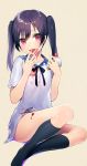  1girl bangs beige_background black_legwear blue_hair cake dress eating eyebrows_visible_through_hair food fruit highres holding holding_food jar kneehighs long_hair looking_at_viewer messy original red_eyes sailor_collar sailor_dress shirako_sei short_dress sidelocks simple_background sitting solo strawberry tongue tongue_out tsurime yokozuwari 