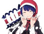  1girl bangs blue_hair blush capelet closed_eyes doremy_sweet double_v followers hat long_sleeves neck_ribbon nightcap pom_pom_(clothes) red_ribbon ribbon shishi_osamu short_hair simple_background smile solo tail tapir_tail touhou upper_body v white_background 