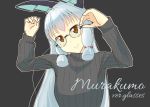  1girl alternate_costume bespectacled black_sweater brown_eyes character_name commentary destroyer glasses grey_background hair_ribbon headgear kantai_collection kitaminami long_hair looking_at_viewer military military_vehicle murakumo_(kantai_collection) ribbed_sweater ribbon ship sidelocks silver_hair solo sweater tress_ribbon upper_body warship watercraft 