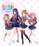  4girls :d ahoge bangs black_legwear blazer blue_eyes blue_skirt blunt_bangs blush book bow breasts brown_hair clenched_hands collared_shirt commentary copyright_name doki_doki_literature_club eyebrows_visible_through_hair full_body green_eyes hair_between_eyes hair_bow hair_ornament hairclip hands_on_hips head_tilt heart high_ponytail holding holding_book holding_pen jacket kneehighs long_hair long_sleeves looking_at_viewer looking_back medium_breasts monika_(doki_doki_literature_club) multiple_girls natsuki_(doki_doki_literature_club) neck_ribbon official_art open_blazer open_clothes open_jacket open_mouth outstretched_arm parted_lips pink_eyes pleated_skirt polka_dot polka_dot_background purple_hair red_bow red_ribbon ribbon satchely sayori_(doki_doki_literature_club) shirt shoes short_hair sidelocks skirt small_breasts smile standing swept_bangs thigh-highs uwabaki very_long_hair violet_eyes white_background white_legwear white_shirt white_shoes wing_collar yuri_(doki_doki_literature_club) 