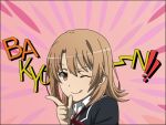  1girl :q bakyu-n!! blush brown_hair commentary_request isshiki_iroha looking_at_viewer one_eye_closed pink_background school_uniform solo todo_(masa3373) tongue tongue_out yahari_ore_no_seishun_lovecome_wa_machigatteiru. 