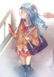  1girl bag black_legwear blue_hair blush cardigan cellphone closed_eyes hinanawi_tenshi kneehighs loafers long_hair neck_ribbon out_of_frame phone pleated_skirt ribbon school_bag school_uniform shoes side_ponytail skirt smartphone solo_focus subachi sweatdrop touhou 