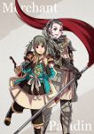 2girls armor arrow english fire_emblem fire_emblem_if flag flagpole gloves green_hair gzei japanese_clothes looking_at_viewer midoriko_(fire_emblem_if) multiple_girls quiver sandals simple_background smile sophie_(fire_emblem_if) twintails 