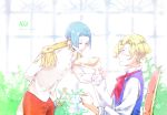  2boys acca_13-ku_kansatsu-ka artist_name blonde_hair blue_eyes blue_hair blush bread closed_eyes copyright_name cup dated epaulettes food highres indoors leaning_forward looking_at_another maggie_(acca) male_focus medal multiple_boys open_mouth prince_schwan profile shimo_(hoar1301) sitting sweatdrop sword teacup uniform weapon 