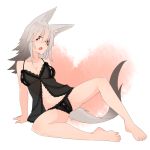  1girl :o akasha_(syakoba) animal_ears arm_support bare_arms bare_legs bare_shoulders barefoot black_panties breasts eyebrows_visible_through_hair facial_mark fang fox_ears fox_tail frilled_panties frills full_body grey_hair hair_between_eyes heart lingerie long_hair looking_at_viewer medium_breasts negligee open_mouth original panties shako_(syakoba3) sitting solo spread_legs tail underwear 