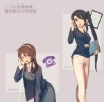  2girls ;d absurdly_long_hair alternate_costume ashigara_(kantai_collection) black_hair book brown_eyes brown_hair cellphone character_name fang formal hairband highres holding holding_book id_card kantai_collection kitazawa_(embers) long_hair looking_at_viewer multiple_girls nachi_(kantai_collection) office_lady one_eye_closed open_mouth pants phone side_ponytail skirt smile suit very_long_hair white_pants 