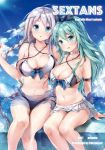  2girls :d :o aqua_eyes aqua_hair armlet artist_name bare_legs bare_shoulders bikini bikini_skirt black_ribbon blue_bow blue_eyes blue_sky blush bow braid breasts chiyingzai cleavage collarbone commentary_request cover cover_page criss-cross_halter day doujin_cover eyebrows_visible_through_hair hair_ornament hair_ribbon hairclip halterneck kantai_collection large_breasts light_rays long_hair looking_at_viewer multiple_girls navel open_mouth outdoors ribbon sarong see-through shiny shiny_skin silver_hair sitting sky smile stomach sunbeam sunlight swimsuit tareme twin_braids umikaze_(kantai_collection) very_long_hair yamakaze_(kantai_collection) 