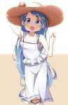  1girl :d alternate_costume bare_shoulders blue_eyes blue_hair collarbone dress hand_on_headwear hat kantai_collection long_hair looking_at_viewer open_mouth popup samidare_(kantai_collection) simple_background sleeveless sleeveless_dress smile solo straw_hat very_long_hair white_dress 