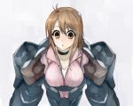  1girl adeltrud_walter ahoge alternate_hair_color armor blush breasts brown_eyes brown_hair choker dual_ahoge grey_background hair_ornament jacket knight&#039;s_&amp;_magic long_hair looking_at_viewer looking_down medium_breasts open_cockpit open_collar open_mouth power_armor silhouette_gear simple_background solo udoku_(suzucaste) upper_body v-neck 
