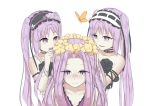  3girls absurdres bare_shoulders beads black_flower blush butterfly commentary_request dress euryale fate/grand_order fate/hollow_ataraxia fate/stay_night fate_(series) hairband head_wreath highres lolita_hairband long_hair medusa_(lancer)_(fate) multiple_girls open_mouth rider siblings sisters smile stheno strapless strapless_dress twintails upper_body usaya white_flower yellow_flower 