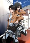  1boy 1girl black_eyes black_hair blue_sky boots brown_jacket clouds hair_between_eyes holding holding_sword holding_weapon jacket levi_(shingeki_no_kyojin) llmonakall mikasa_ackerman military military_uniform neckerchief official_style open_clothes open_jacket outdoors pants parted_lips red_scarf scarf shingeki_no_kyojin short_hair sky standing sword uniform weapon white_neckerchief white_pants 