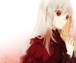  1girl bow bowtie eyebrows_visible_through_hair hair_between_eyes hand_on_another&#039;s_cheek hand_on_another&#039;s_face hita_(hitapita) k_(anime) kushina_anna long_hair red_bow red_bowtie red_eyes silver_hair smile upper_body white_background 