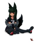  1girl :d absurdres alternate_costume animal_ears anubis_(monster_girl_encyclopedia) bangs between_legs black_fur black_hair blue_shirt blush claws clothes_writing commentary eyebrows_visible_through_hair fingernails full_body fur hand_between_legs highres long_hair looking_at_viewer monster_girl monster_girl_encyclopedia open_mouth paws red_eyes reddgeist sharp_fingernails sharp_toenails shirt signature simple_background sitting slit_pupils smile solo t-shirt tail toenails white_background wolf_ears wolf_tail 