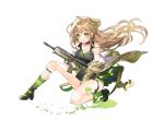  1girl artist_request assault_rifle bangs bare_shoulders blush breasts brown_hair cleavage collarbone commentary dog_tags dress full_body fur_trim girls_frontline green_eyes gun hair_bun holding holding_weapon jacket long_hair looking_at_viewer medium_breasts off_shoulder open_clothes open_jacket rfb_(girls_frontline) rifle short_dress simple_background solo striped striped_legwear thigh_strap trigger_discipline weapon white_background 