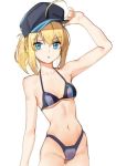  1girl adapted_costume ahoge arm_up armpit_peek artoria_pendragon_(all) bare_shoulders baseball_cap bikini_bottom blonde_hair blue_eyes breasts cowboy_shot eyebrows_visible_through_hair fate/grand_order fate_(series) gluteal_fold hand_on_headwear hat looking_at_viewer mysterious_heroine_x navel parted_lips ponytail shovelwell sidelocks simple_background small_breasts solo white_background 