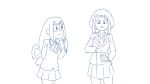  2girls animated animated_gif animation asui_tsuyu black_eyes boku_no_hero_academia commentary cowboy_shot eating hair_rings levitation long_hair long_tongue looking_at_another loop low-tied_long_hair monochrome multiple_girls necktie open_mouth pleated_skirt school_uniform seamless_loop short_hair simple_background sketch skirt smile snack teeth tongue tongue_out unseriousguy uraraka_ochako white_background 