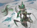  10s 1girl afterimage akatsuki_kirika bare_shoulders blonde_hair breasts breasts_apart chains closed_mouth covered_navel elbow_gloves expressionless gloves green_eyes headgear kusarigama legs_apart leotard looking_at_viewer magical_girl medium_breasts pauldrons senki_zesshou_symphogear short_hair sickle skin_tight skirt smoke solo standing striped striped_legwear thigh-highs visqi weapon 
