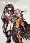  2girls armor black_hair blonde_hair boots cape elbow_gloves fire_emblem fire_emblem_if fur_coat gloves gzei halo holding japanese_clothes long_hair looking_at_viewer multiple_girls one_eye_closed onmyouji smile sorcerer thigh-highs 