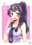  1girl :d agano_(kantai_collection) alternate_hairstyle anchor_symbol bare_arms bare_shoulders black_hair blue_eyes blush breasts cleavage collarbone erect_nipples kantai_collection large_breasts long_hair looking_at_viewer open_mouth ponytail rom school_uniform serafuku smile solo translation_request upper_body 