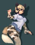  1girl african_wild_dog_(kemono_friends) african_wild_dog_ears african_wild_dog_print african_wild_dog_tail animal_ears aqua_background black_hair blue_bow blue_neckwear blue_shorts bow bowtie breasts closed_mouth collared_shirt denim denim_shorts eyebrows_visible_through_hair eyelashes highres impossible_clothes impossible_shirt kemono_friends lang. light_brown_hair long_sleeves medium_breasts multicolored multicolored_clothes multicolored_hair multicolored_legwear orange_eyes pantyhose pantyhose_under_shorts pocket shirt short_hair short_sleeves shorts simple_background smile solo tail tsurime two-tone_hair white_shirt wide_sleeves 